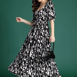 DressBerry Printed Fit & Flare Monochrome Maxi Dress-image-23