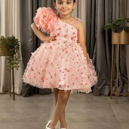 Ministitch Girls Peach Flared Fit Party Dress-picture-20