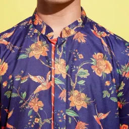 VASTRAMAY Boys Navy & Cream Floral Full Sleeves Kurta Sets image 4