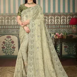 Odette Green Embroidered Saree With Unstitched Blouse-image-26