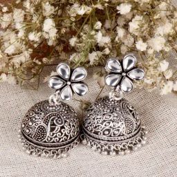 Teejh Ethnic Floret Polki Silver Oxidized Pearl Jhumki Earrings-picture-3