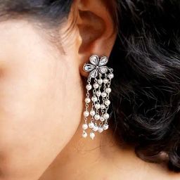 Teejh Ethnic Blossom Polki Silver Oxidized Pearl Dangler Earrings-picture-15