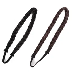 adornish 2pc (black & brown) 2 Strands Synthetic Hair Braided Headband Women Hair Band with Elastic Stretch Chunky & Wide Plaited Braid Hair Band image 1