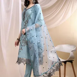 KALINI Women Floral Embroidered Regular Thread Work Chanderi Cotton Kurta with Trousers & With Dupatta image 3