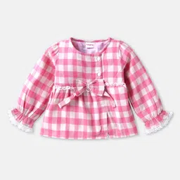 Babyhug Rayon Knitted Full Peasant Sleeves Checkered Top with Bow Detailing - Pink & White-picture-23