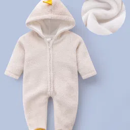 Kookie Kids Full Sleeves Hooded Winter Wear Footed Romper with Dino Scales Applique - Beige-picture-11