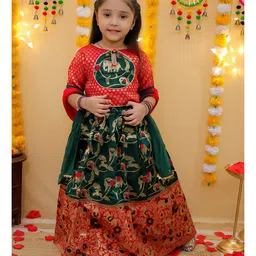 BownBee Half Sleeve Jacquard Elephant & Flower Printed Lehenga Choli With Dupatta Set - Red-image-20