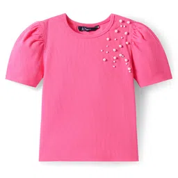 Pine Kids Cotton Knit Half Puffed Sleeves Top with Pearls Detailing - Dark Pink-picture-15