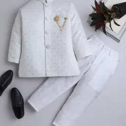 Ahhaaaa Jacquard Full Sleeves Threadwork Embroidered Sequins Embellished Indo Western Style Sherwani Pant Set - White-picture-30