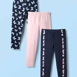 kookie kids india Kookie Kids Cotton Spandex Knit Full Length Solid & Butterfly Printed Leggings Pack of 3 - Navy Blue & Pink-picture-5