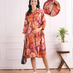 Bella Mama Viscose Woven Three Fourth Sleeves Front Open Maternity Shirt Dress with Floral Print - Maroon-picture-19