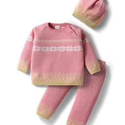 Babyhug Knit Full Raglan Sleeves Pullover Sweater Set with Cap & Aztec Design - Pink-picture-16