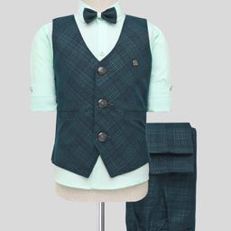 Rikidoos Full Sleeves Checked 3 Piece Party Suit With Bow Set - Peacock & Pista-picture-12