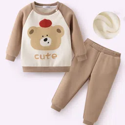 Mark & Mia Full Raglan Sleeves Winter Wear T-Shirt & Lounge Pant Set With Animal Print - Khaki-picture-19