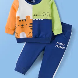 Doodle Poodle 100% Cotton Looper Knit Terry Knit Full Sleeves T-Shirt & Lounge Pant Set With Animal Print - White & Navy Blue-picture-18