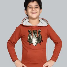 Plum Tree 100% Cotton Knit Full Sleeves Tiger Sequin Embellished Light Winter Hooded Sweatshirt - Burnt Orange-image-100