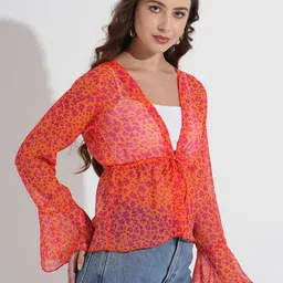 Fashfun Abstract Printed Tie Up Detail Bell Sleeve Empire Top image 5