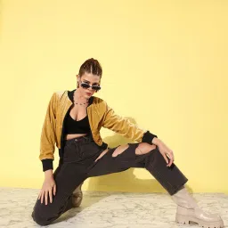 Anvi Be Yourself Yellow & Black Regular Fit Reversible Cropped Jacket image 4