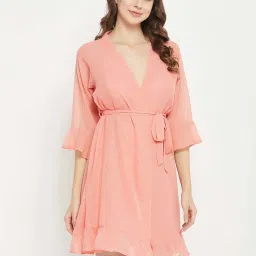 Clovia Peach V Neck Short Nighty With Robe image 4