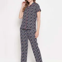 Clovia Blue Cotton Floral Print Shirt Pyjamas Set image 4