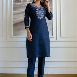 Auzanoor Collection Ethnic Motifs Embroidered Pure Cotton Straight Kurta &Trousers-image-37