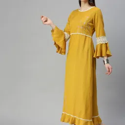 showoffff SHOWOFF Yellow Cotton Embroidered Calf Length A Line Kurta image 3