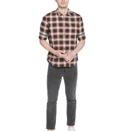 Basics Brown & Grey Slim Fit Checks Shirt image 5