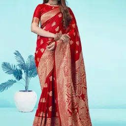 Satrani Red Woven Saree With Unstitched Blouse image 1