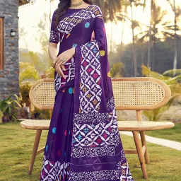 Satrani Purple Cotton Printed Saree With Unstitched Blouse image 1