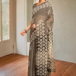 Soch Womens Earth Ethnic Motifs Print Linen Saree image 1