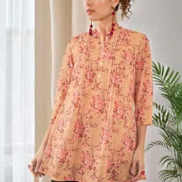 Soch Beige Georgette Floral Printed Mandarin Collar A-Line Tunic image 1