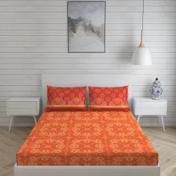 Layers Siena Printed Orange 225 TC Cotton Double Bed Sheet with 2 Pillow Covers image 1