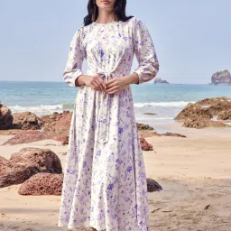 PURVAJA White & Purple Knitted Floral Print Midi Dress image 1