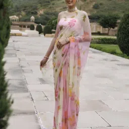 Geroo Jaipur White Pink Shaded Hand Painted Floral Chiffon Saree with Blouse-image-5