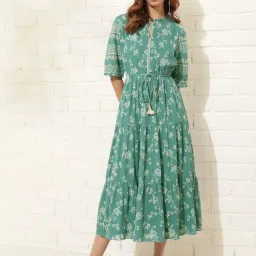 Fabindia Green Cotton Floral Print A-Line Dress image 1