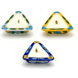 Aapno Rajasthan Blue & Yellow Stunning Triangular Shape Candle Diya - Set of 3 image 2