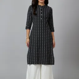 Globus Black Cotton Striped Straight Kurta image 4