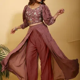 SANCIA Embroidered Sweetheart Neck Crop Top With Palazzos Co-Ords image 4