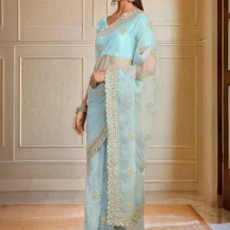 Soch Womens Powder Blue Sequinned Embellished Organza Saree With Zardosi image 1