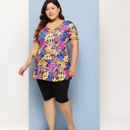 Aarika Yellow Nylon Printed Short Sleeves Plus Size Swimsuit image 1