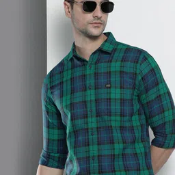 The Indian Garage Co Men Blue & Green Comfort Fit Checked Casual Shirt-image-80