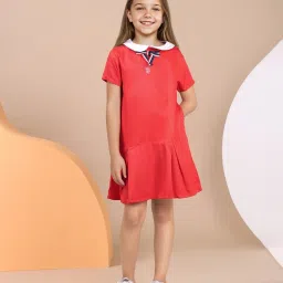 U.S. Polo Assn. Girls Red Peter Pan Collar Pure Cotton Dress image 1