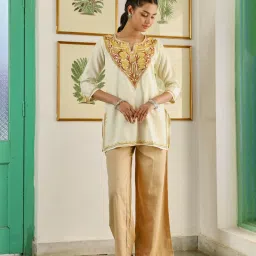 House Of Chikankari Cream Cotton Straight Fit Aari Short Kurta image 1