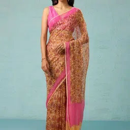 Taneira Yellow & Pink Floral Print Saree With Unstitched Blouse image 1