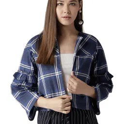 Style Quotient Navy & White Cotton Plaid Pattern Shrug image 3