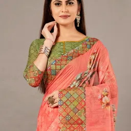 Saree Mall Peach Linen Floral Print Saree With Unstitched Blouse image 4