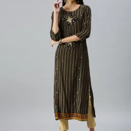 showoffff SHOWOFF Brown Cotton Embroidered Calf Length Straight Kurta image 1