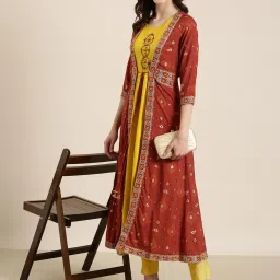 showoffff SHOWOFF Lime Green & Brown Cotton Regular Fit Kurta With Jacket image 4