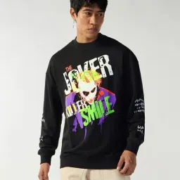 Bewakoof Men's Black Joker Smile Graphic Printed Oversized Sweatshirt image 2