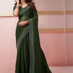 Satrani Mehendi Green Embellished Saree With Unstitched Blouse image 1
